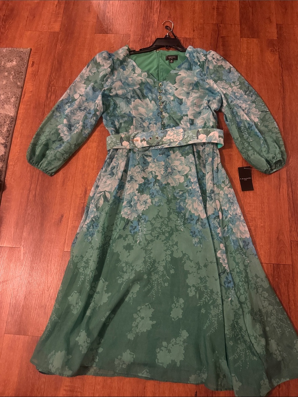 Tahari ASL Green Floral Belted Midi Dress